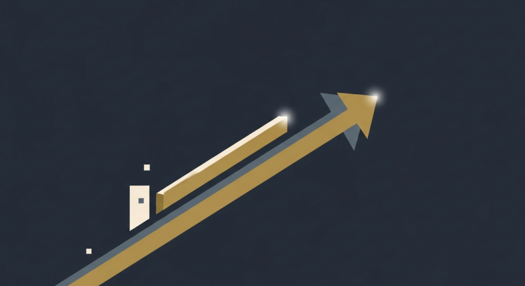 Illustration: a gold bar rising up a steep arrow that flattens