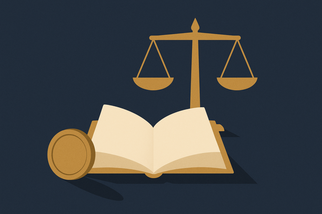 Illustration: a gold coin beside an open book and balanced scales