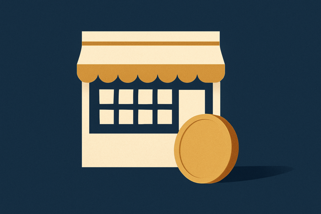 Illustration: a single gold coin set against a simple navy storefront facade suggesting a large bullion catalog