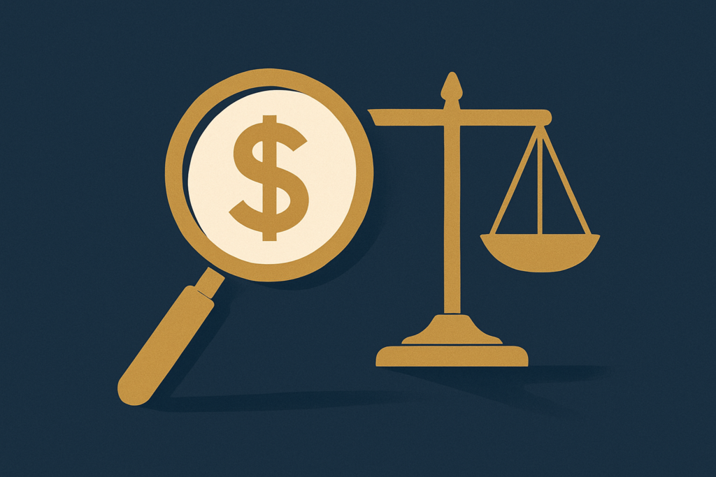 Illustration: a coin under a magnifier beside a balance scale