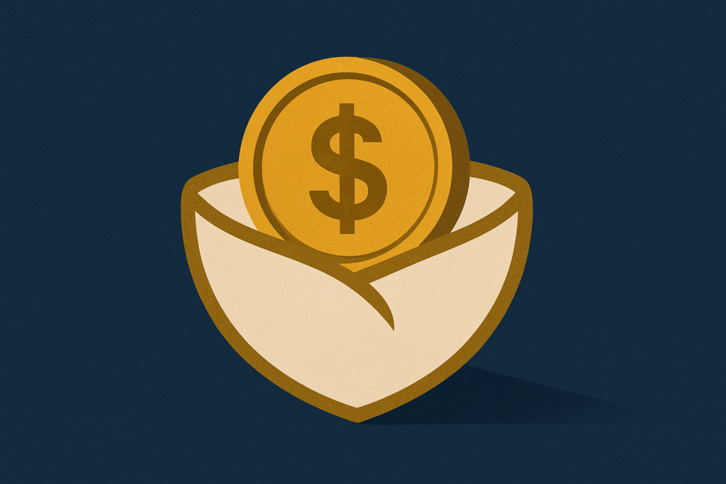 Illustration: a gold coin resting inside a small protective shield shaped like a retirement nest, on a navy field