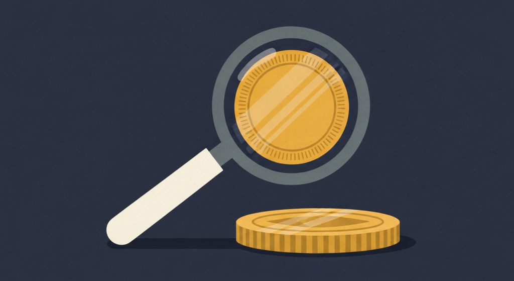 Illustration: a gold coin under a magnifying glass