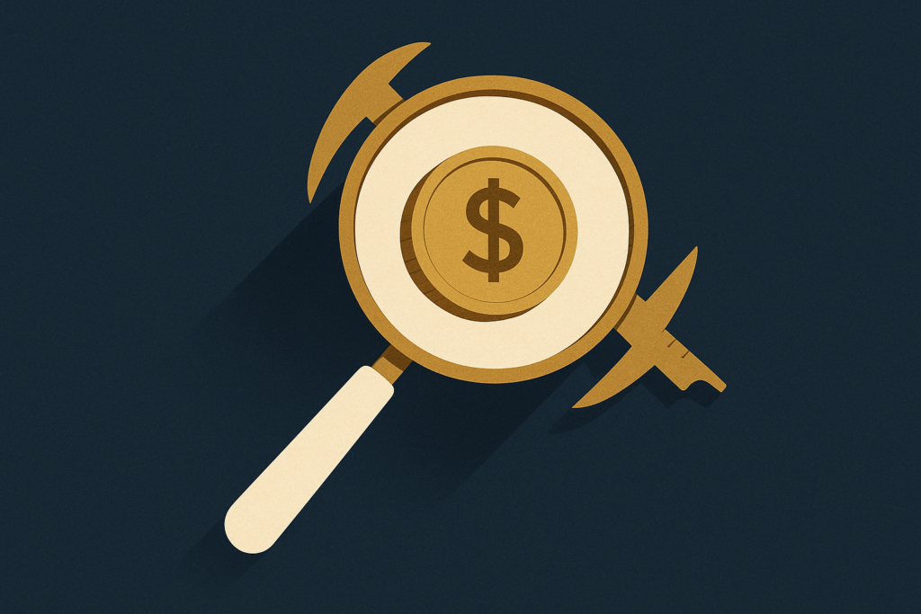 Illustration: a gold coin under a magnifying glass with faint caliper arms measuring its edge on a navy background