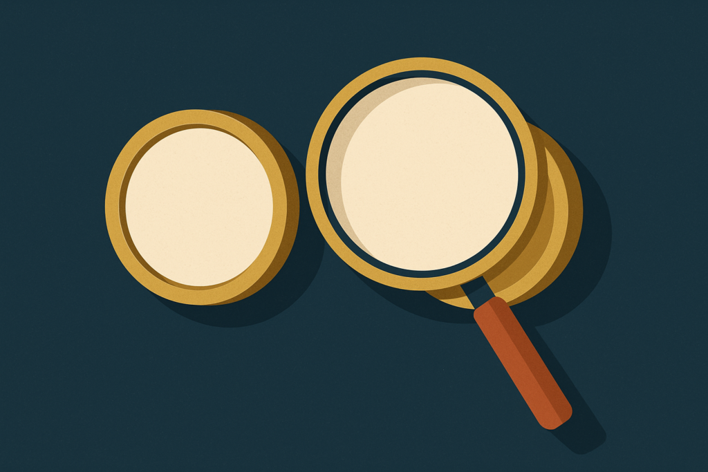 Illustration: two near-identical gold coins side by side, one genuine and one fake, distinguished by a magnifier