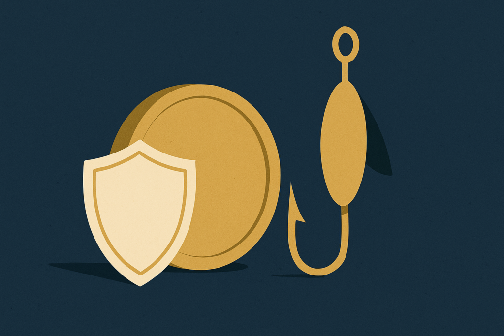 Illustration: a gold coin beside a hook-and-lure shape on a navy background