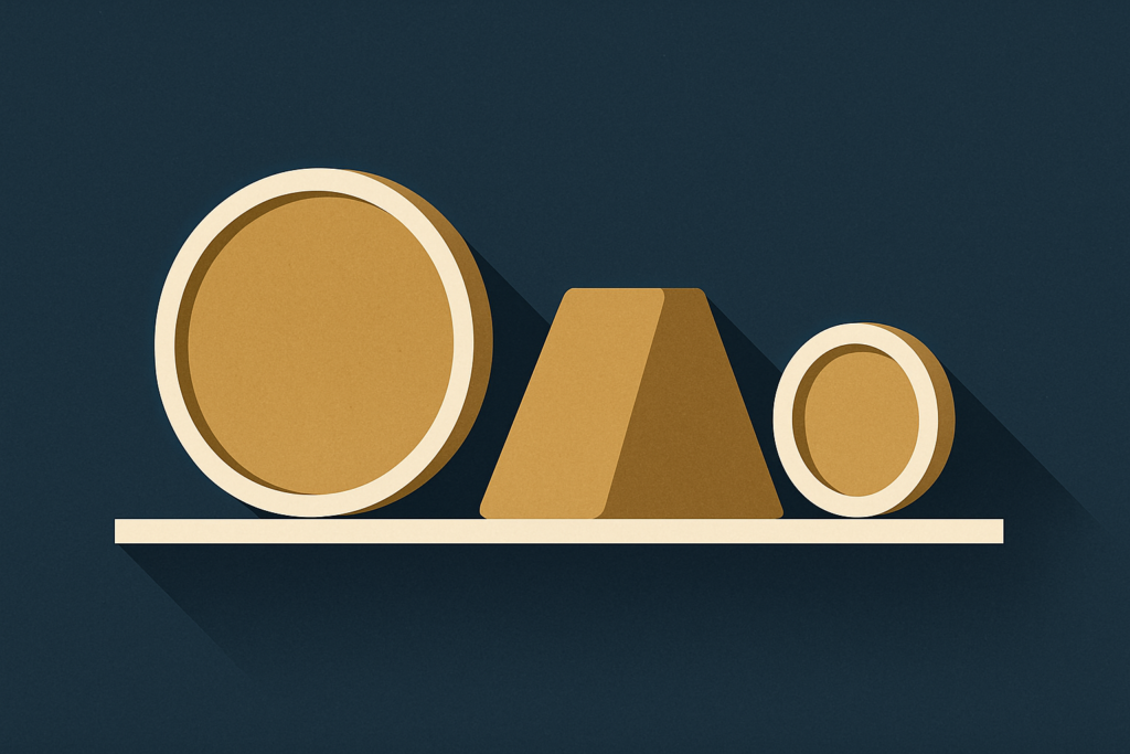 Illustration: a gold coin, a gold bar, and a gold round side by side on a navy shelf