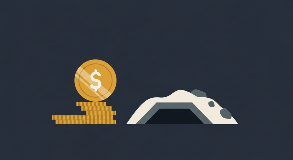 Illustration: a gold coin teetering near an open pit