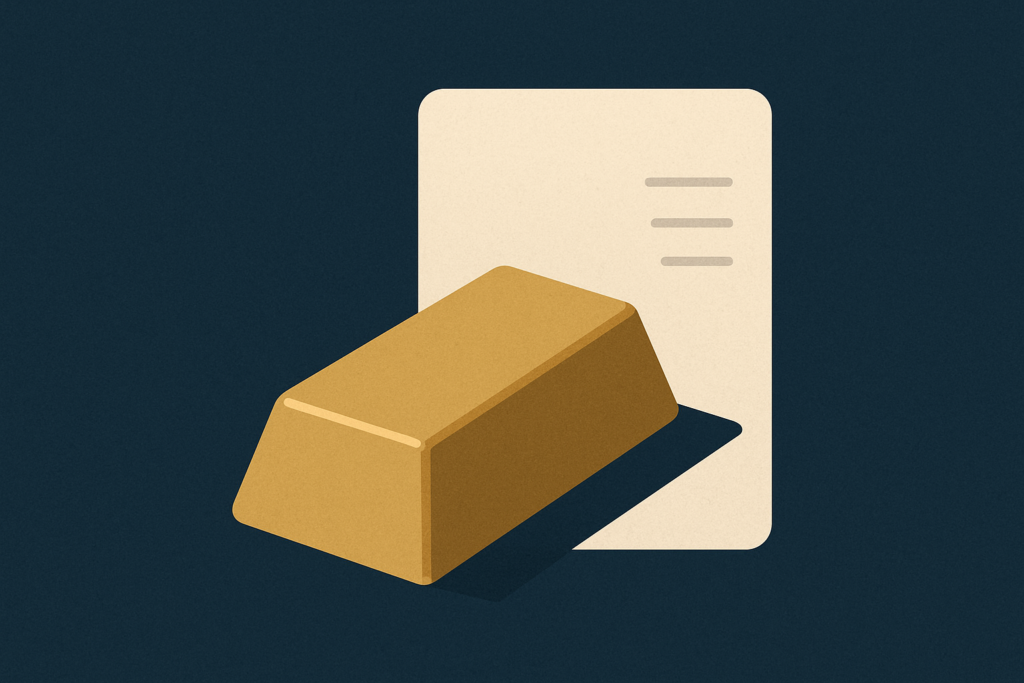 Illustration: a single trusted gold bar with a faint sealed assay-card motif on a navy field
