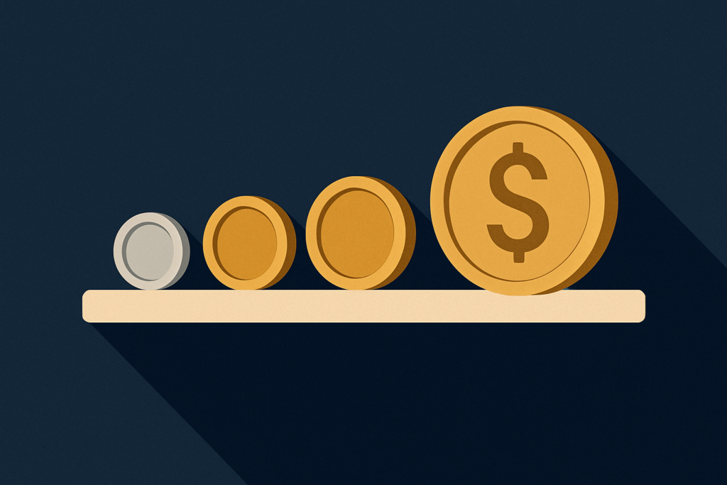 Illustration: a row of distinct gold coins on a navy shelf