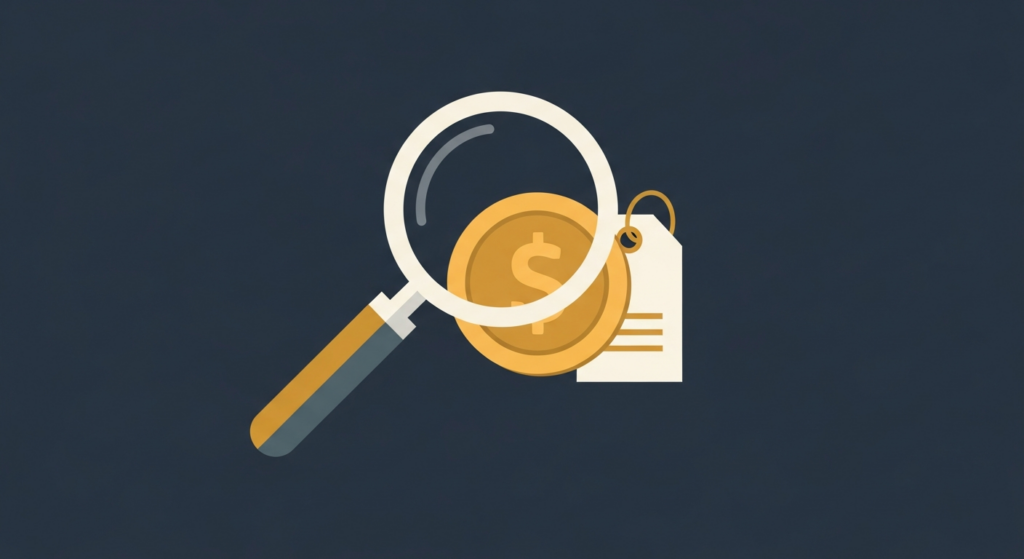 Illustration: a magnifier over a gold coin with a hidden price tag