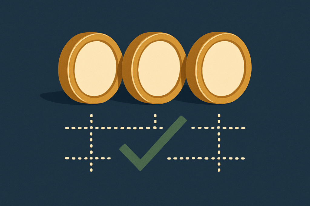 Illustration: several gold coins arranged as evaluated candidates with a faint checkmark criteria motif on a navy field