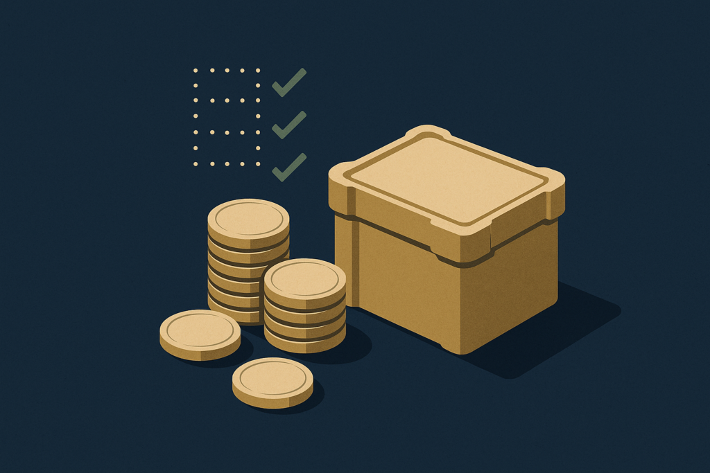 Illustration: several silver coins and a stacked monster box evaluated against a faint checklist of criteria on a navy field