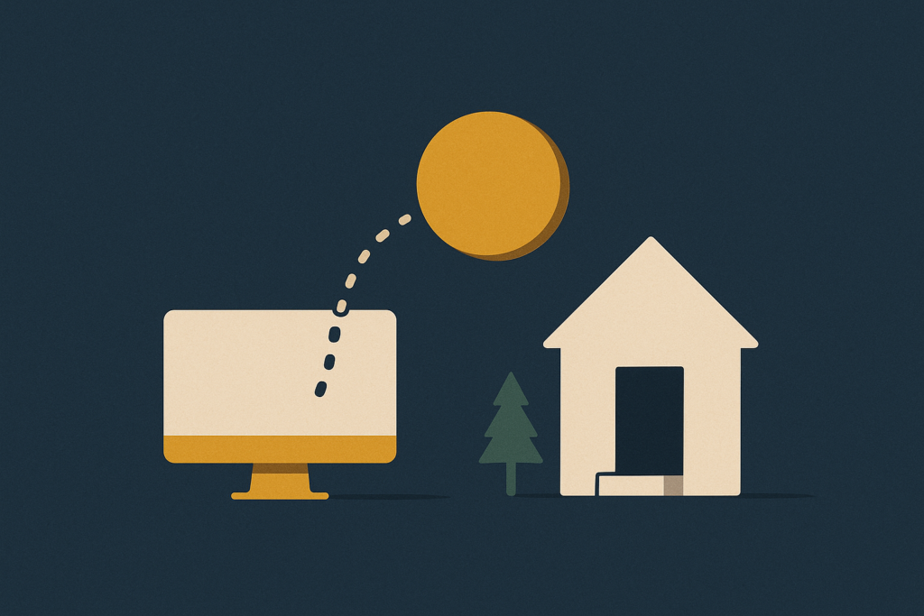 Illustration: a gold coin moving along a simple path from a screen to a doorstep on a navy field