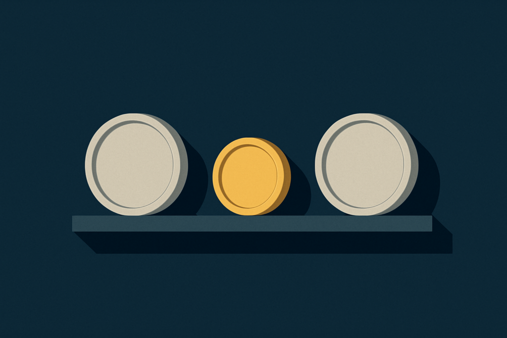 Illustration: a row of distinct silver coins on a navy shelf