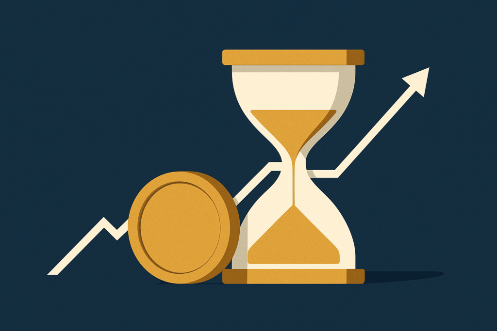 Illustration: a gold coin beside an hourglass and a price line