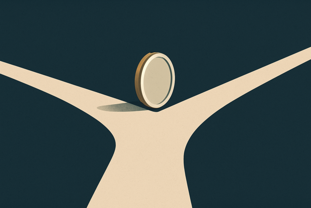 Illustration: a single silver coin resting at the fork of two diverging paths on a navy field