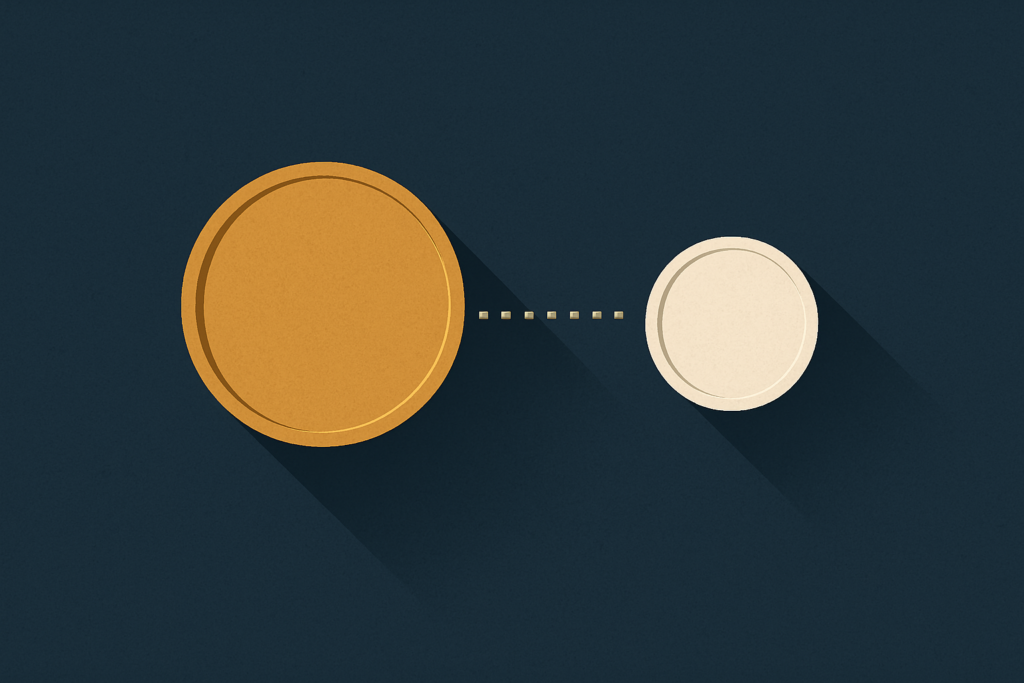 Illustration: a gold coin and a silver coin side by side over a faint price-comparison motif on a navy field