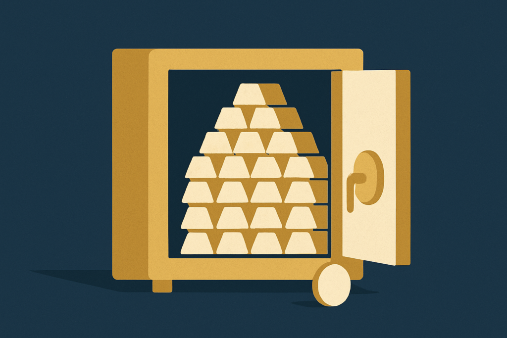 Illustration: a tall stack of silver bars inside a vault with one silver coin standing in front for scale