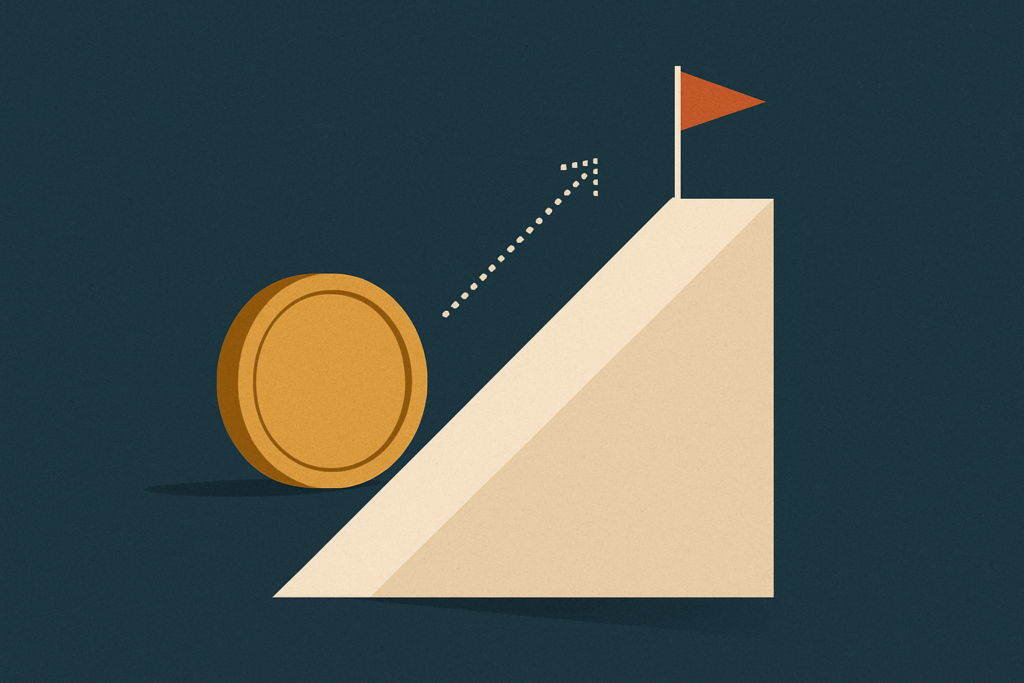Illustration: a gold coin at the top of a small ramp with a dotted rising arrow reaching a flag line