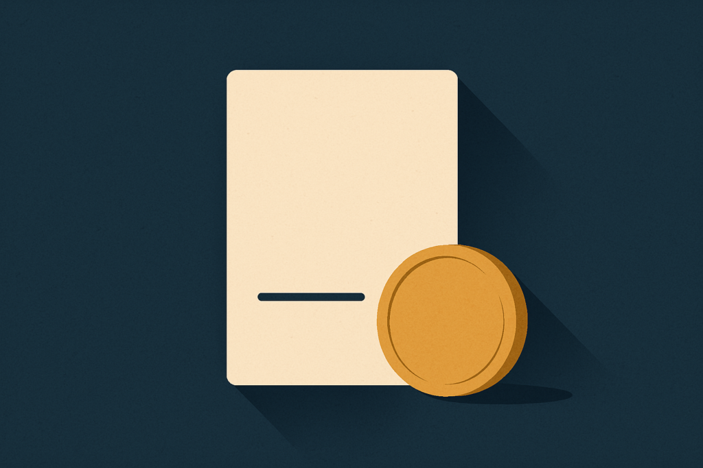 Illustration: a single gold coin beside a blank form with a horizontal threshold line on a navy field