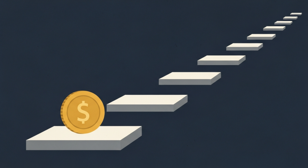 Illustration: a gold coin on a path of stepping stones