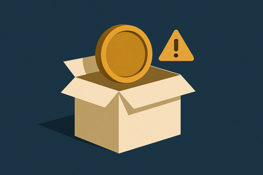 Illustration: a gold coin inside an open cardboard marketplace box with a small warning motif on a navy field