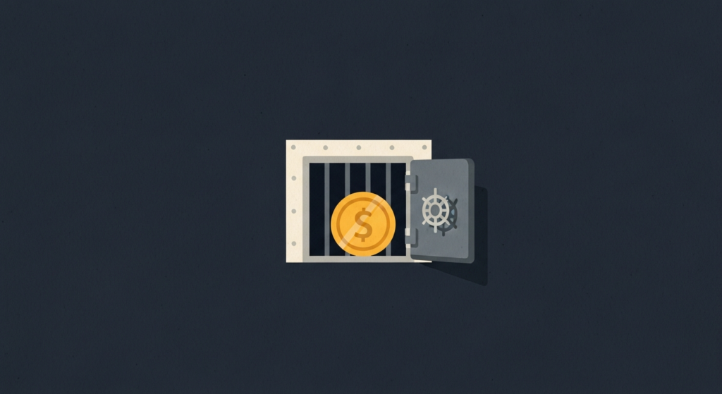 Illustration: a gold coin behind a barred vault door