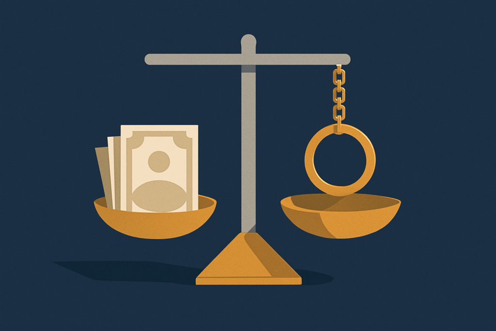 Illustration: gold jewelry on a scale beside bills