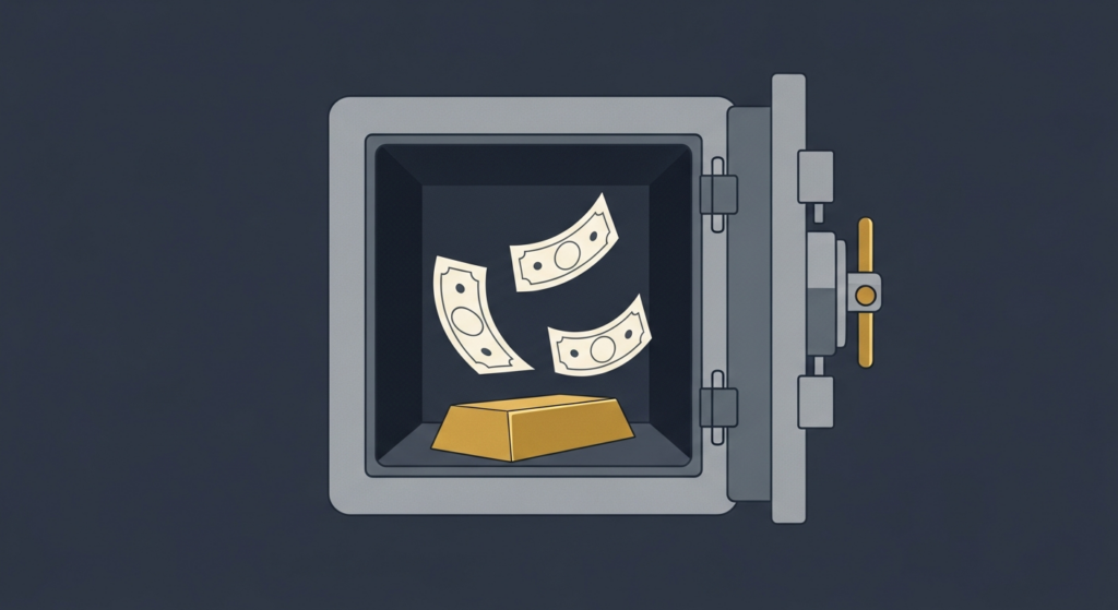 Illustration: a gold bar inside an open vault as currency notes drift away