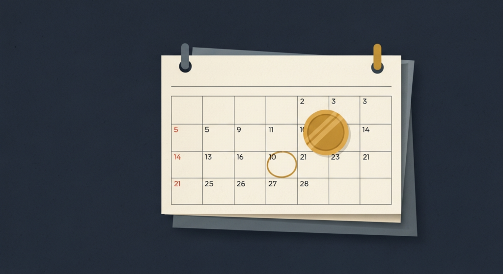 Illustration: a gold coin on a calendar with one day circled