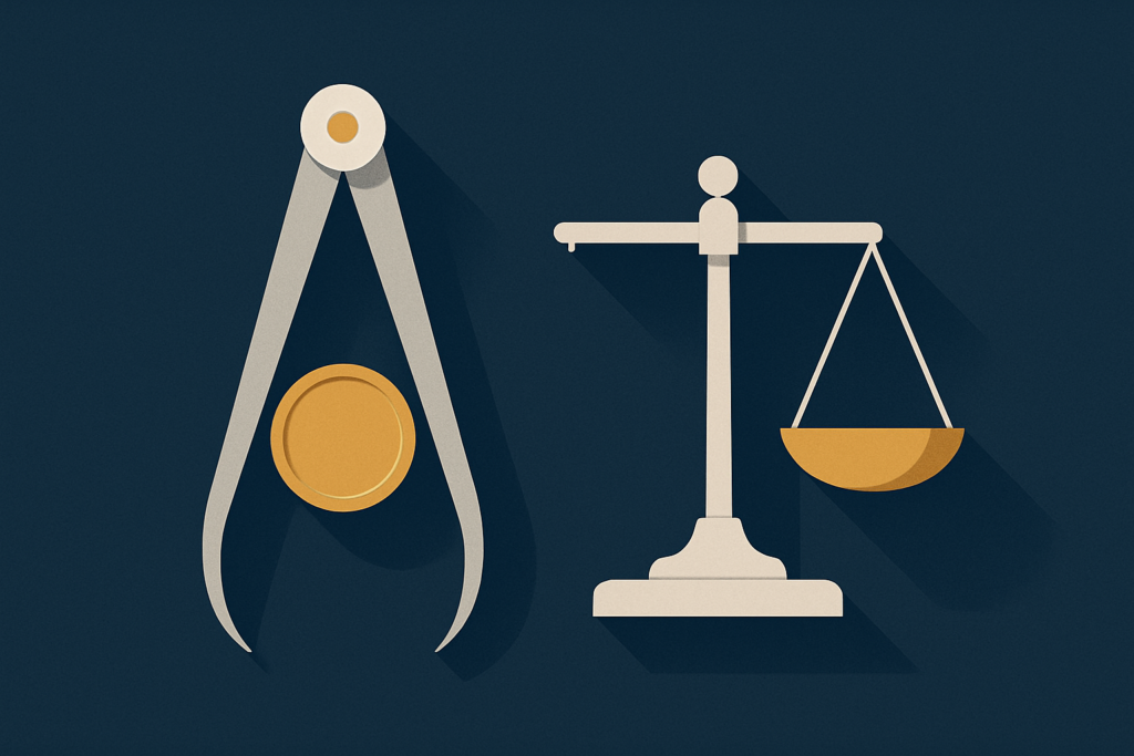 Illustration: a gold coin on calipers beside a scale