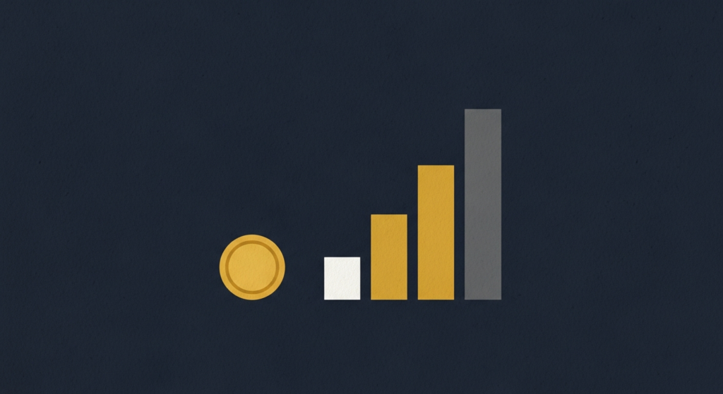 Illustration: a small gold coin beside a rising staircase of growth bars