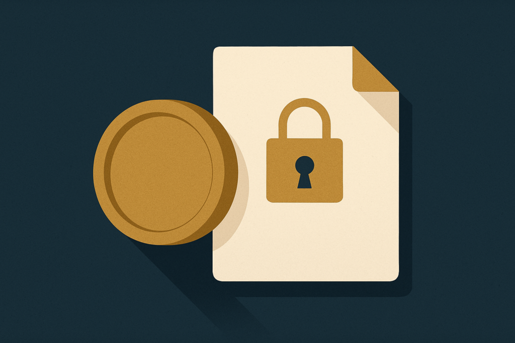 Illustration: a gold coin beside a paper document marked with a small padlock, signifying private gold purchases