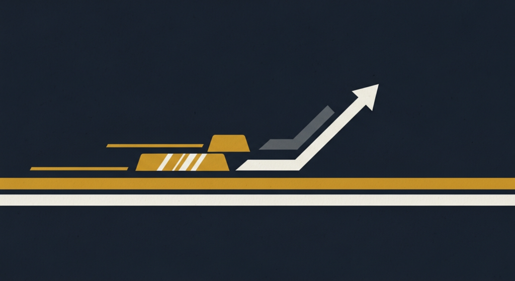 Illustration: a gold bar and a chart arrow racing on parallel tracks