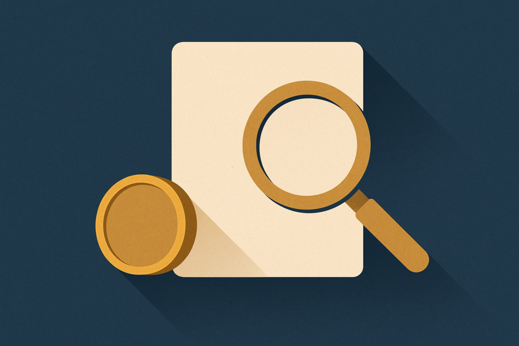 Illustration: a silver coin beside a simple paper form viewed through a magnifying glass on a navy field