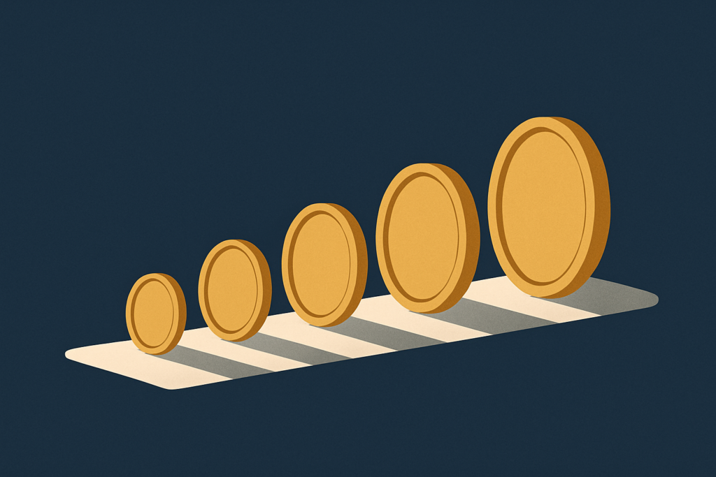 Illustration: small gold coins in an even ascending row