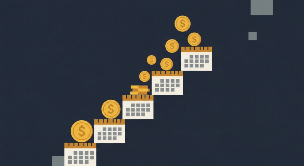 Illustration: gold coins on a descending calendar staircase