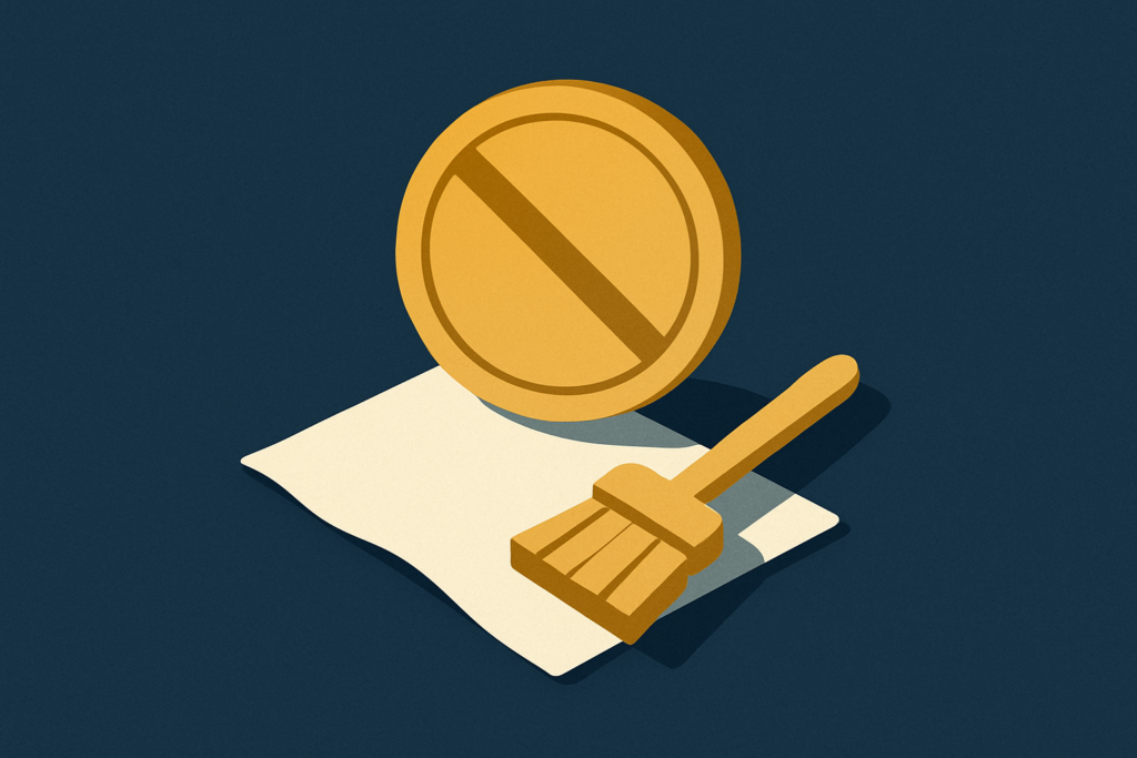 Illustration: a coin with a no-symbol over a cleaning cloth