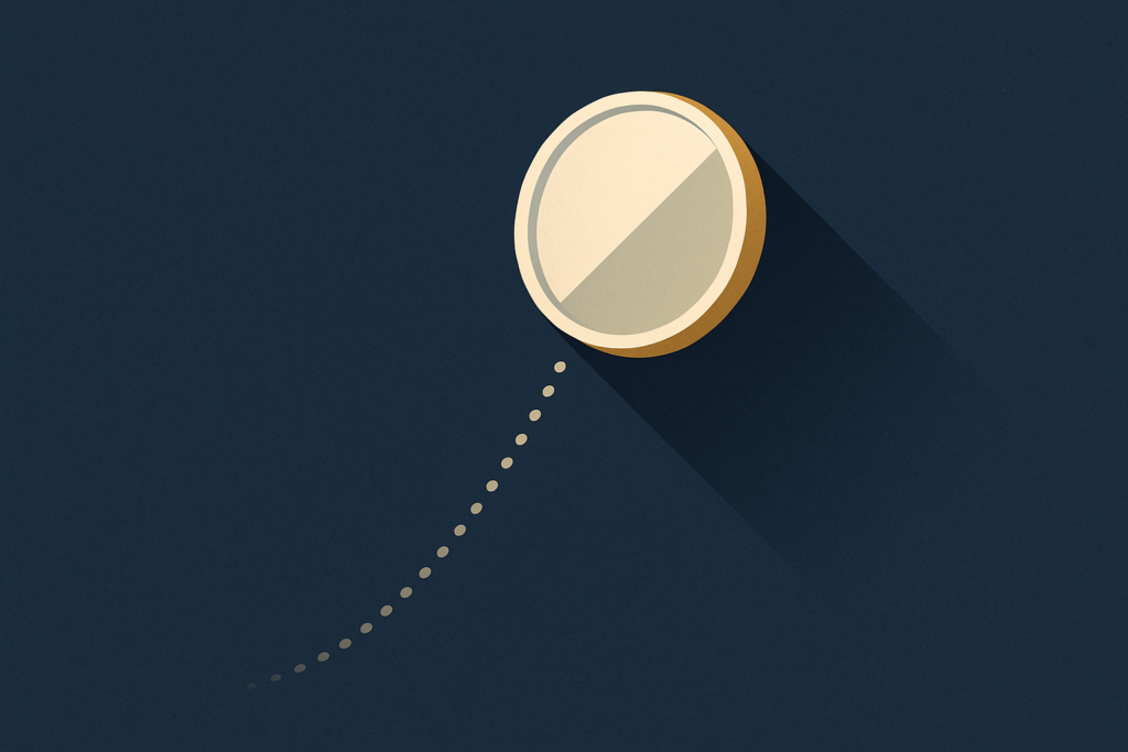 Illustration: a silver coin half in shadow with a downward dotted trajectory on a navy field