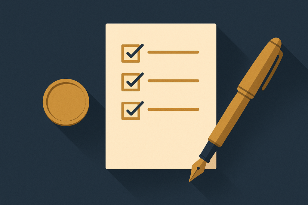 Illustration: a gold coin beside a checklist and a pen