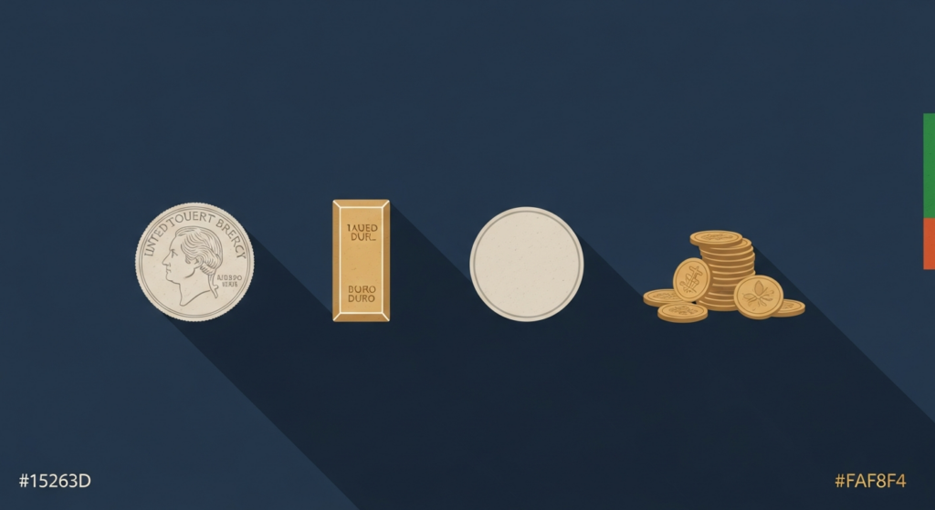 Illustration: four forms of physical silver in a row — coin, bar, round and junk silver.