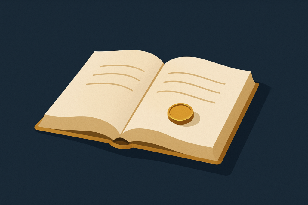 Illustration: an open reference book with a single small gold coin resting on the page