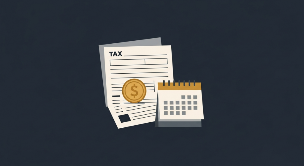 Illustration: a gold coin on a tax form beside a calendar