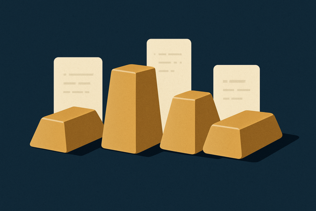Illustration: a row of distinct gold bars with faint assay-card and serial-number motifs on a navy field