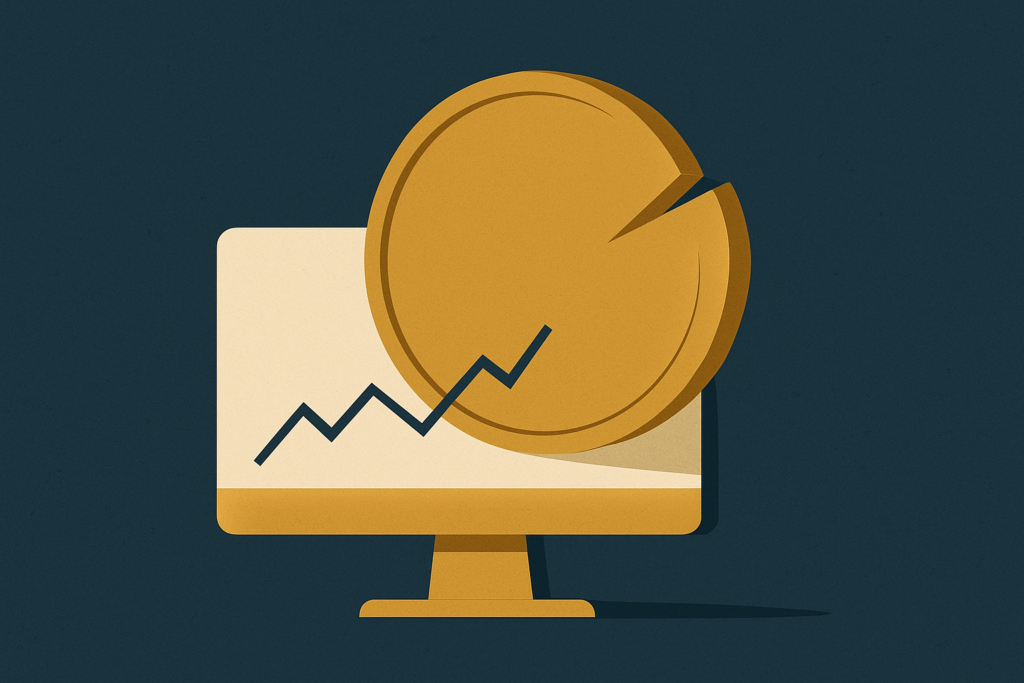 Illustration: a gold coin behind a flat-screen price ticker with a small slice cut from the coin's edge