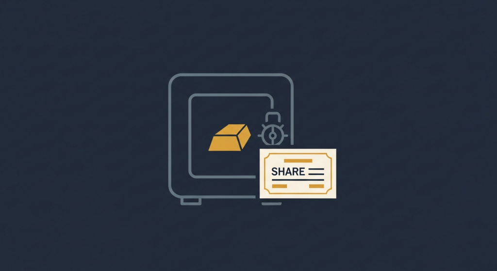 Illustration: a gold bar in a vault beside a paper share