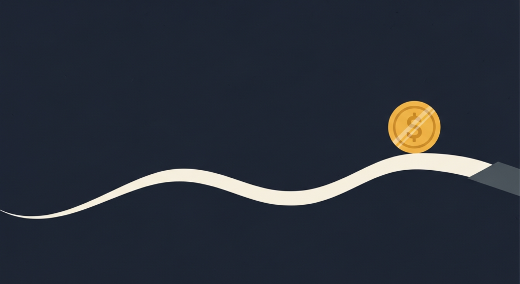 Illustration: a gold coin tracing a wavy, rising-then-flat trend line across a navy chart