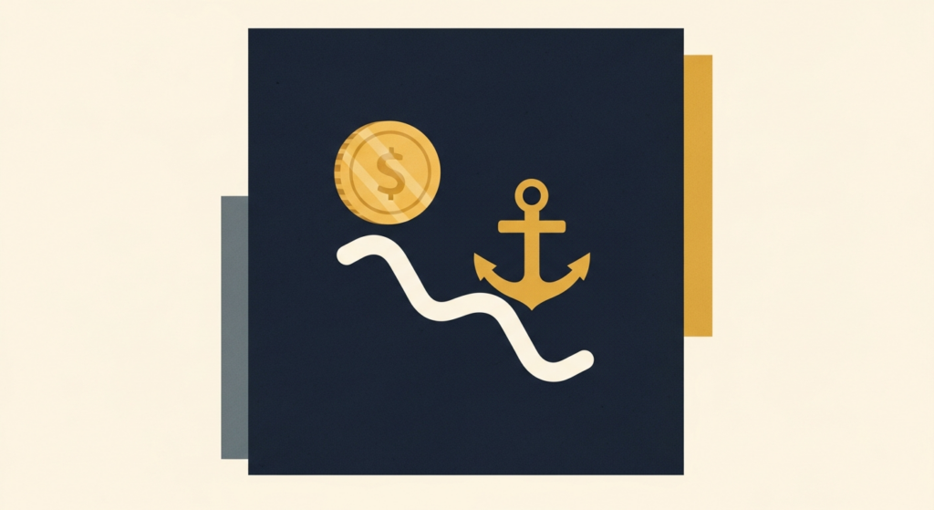 Illustration: a gold coin as an anchor steadying a falling line