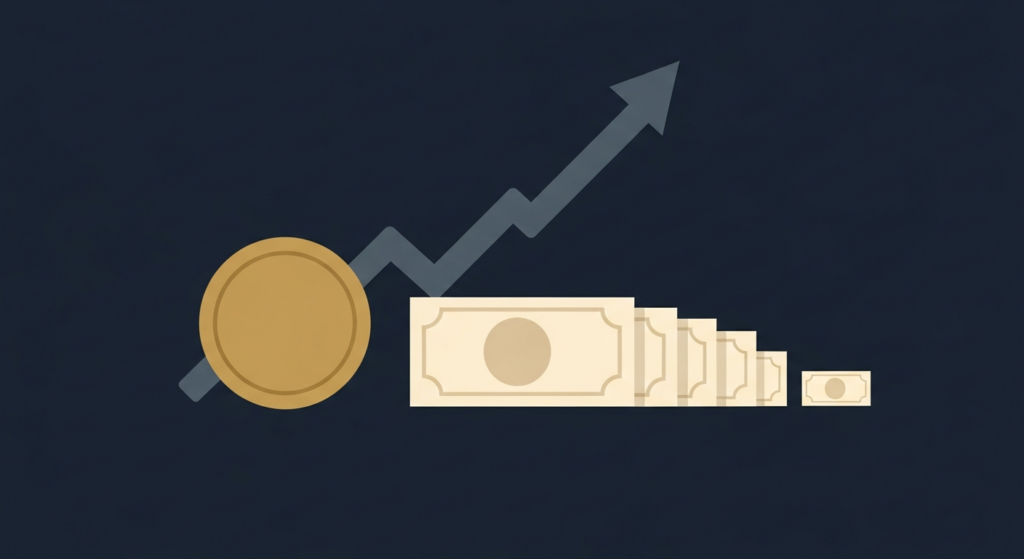 Illustration: a gold coin holding firm as paper money shrinks beside it