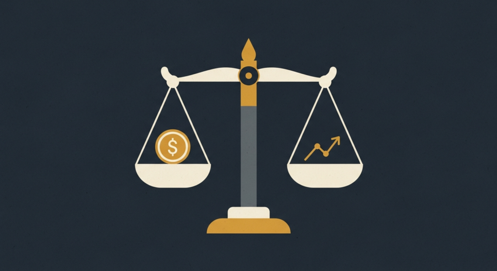 Illustration: a balance scale weighing a gold coin against a rising chart